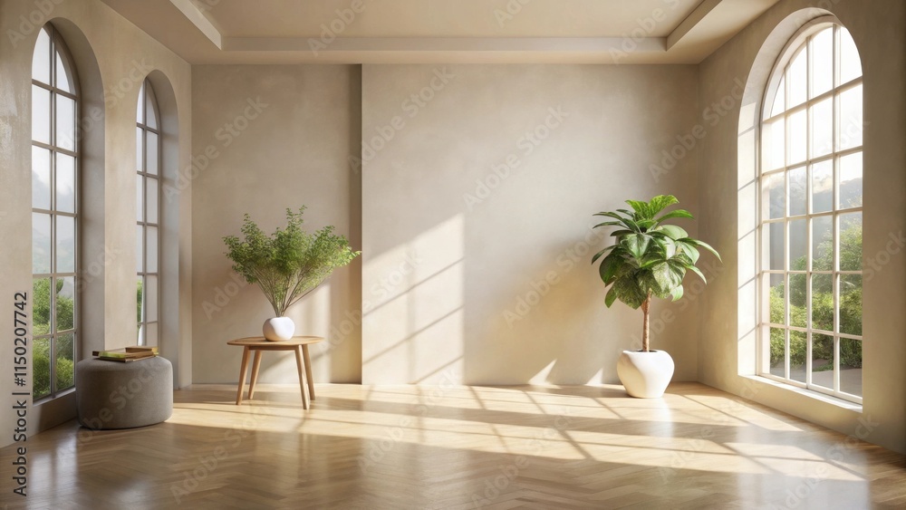 Sunlit Room Interior Design with Plants and Wooden Floor Sunlit Room Interior Design with Plants and Wooden Floor