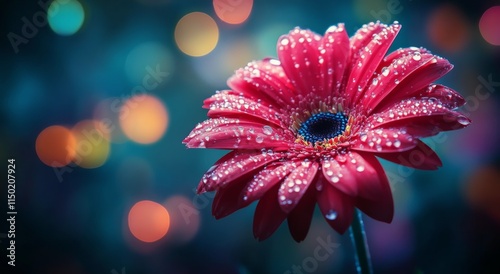 Vibrant red flower with water droplets in a colorful bokeh background at night