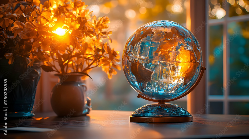 Crystal Globe on Glossy Desk Symbolizing Global Success and Team Achievement in Office Crystal Globe on Glossy Desk Symbolizing Global Success and Team Achievement in Office