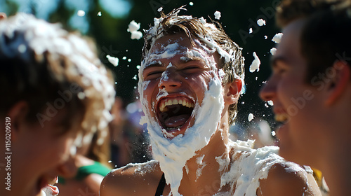  A friendly pie-eating contest at a summer fair, with participants laughing and covered in whipped cream (2) photo