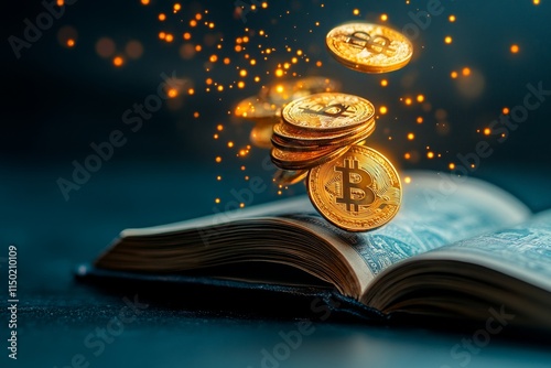 A mythical scene of glowing coins and floating currency symbols in a magical trading realm with an enchanted financial book