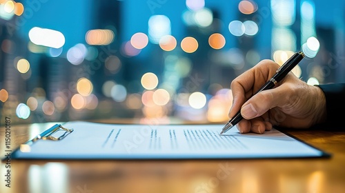 Close-up of politician signing important document on wooden desk, symbolizing political career and decision-making process with flag and cityscape elements.