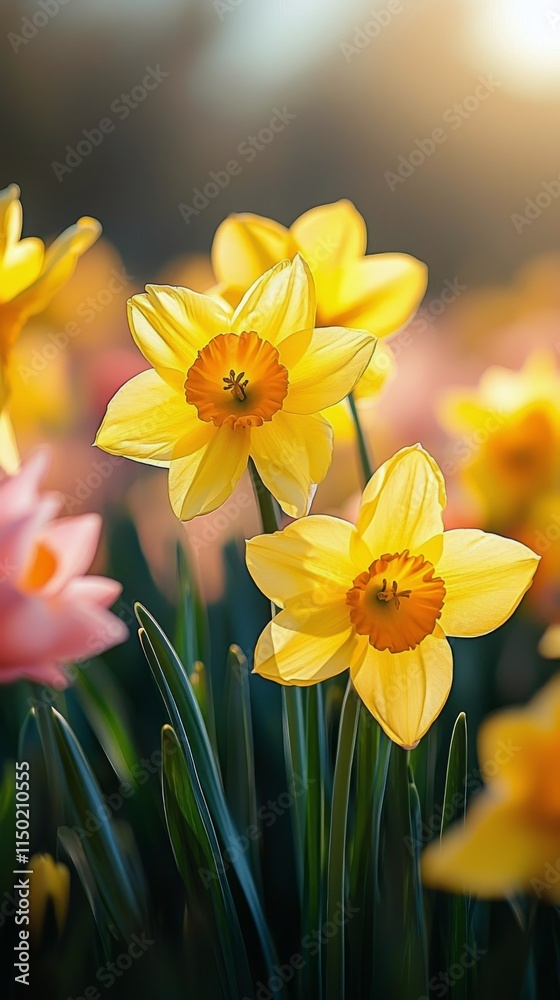 Colorful daffodils and tulips bloom in a vibrant spring garden Colorful daffodils and tulips bloom in a vibrant spring garden