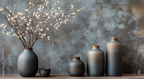 Elegant display of ceramic vases with branches against a textured background