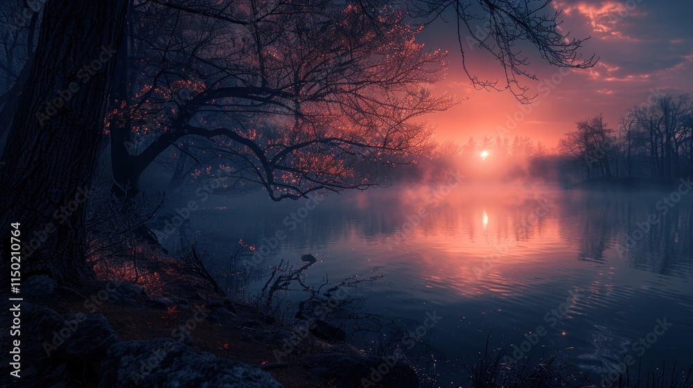 Serene sunrise over misty lake, reflected colors in calm water, bare trees along shore. Serene sunrise over misty lake, reflected colors in calm water, bare trees along shore.