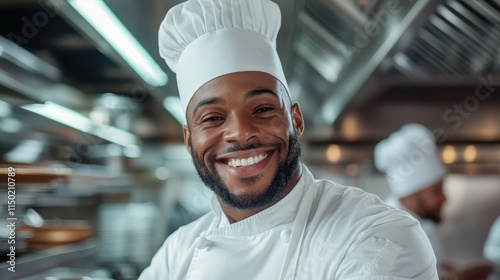 A friendly chef, dressed in a traditional white uniform and hat, flashes a wide grin in a bustling kitchen, representing the art and joy of cooking professionally. photo