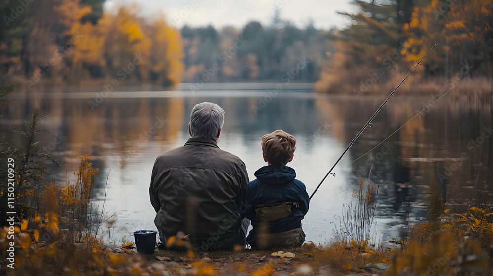 Obraz premium Grandfather Grandson Fishing Together Serene Lake Candid Moment Generational Bonding