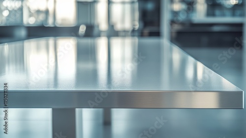 Modern Stainless Steel Table in a Spacious, Brightly Lit Interior With a Minimalist Design, Emphasizing Clean Lines and Contemporary Aesthetics