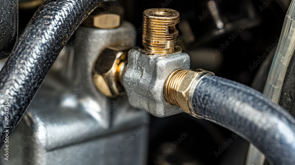 Closeup of an air valve and hose connection in industrial equipment technical detail mechanical environment macro view Closeup of an air valve and hose connection in industrial equipment technical detail mechanical environment macro view