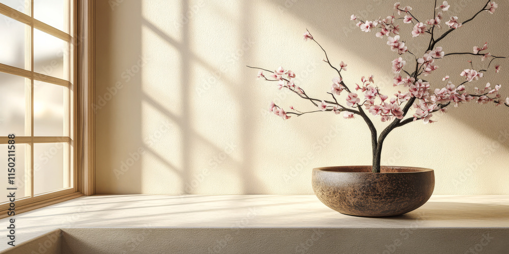 Beautiful cherry blossom branch in a simple vase by the window during daylight Beautiful cherry blossom branch in a simple vase by the window during daylight
