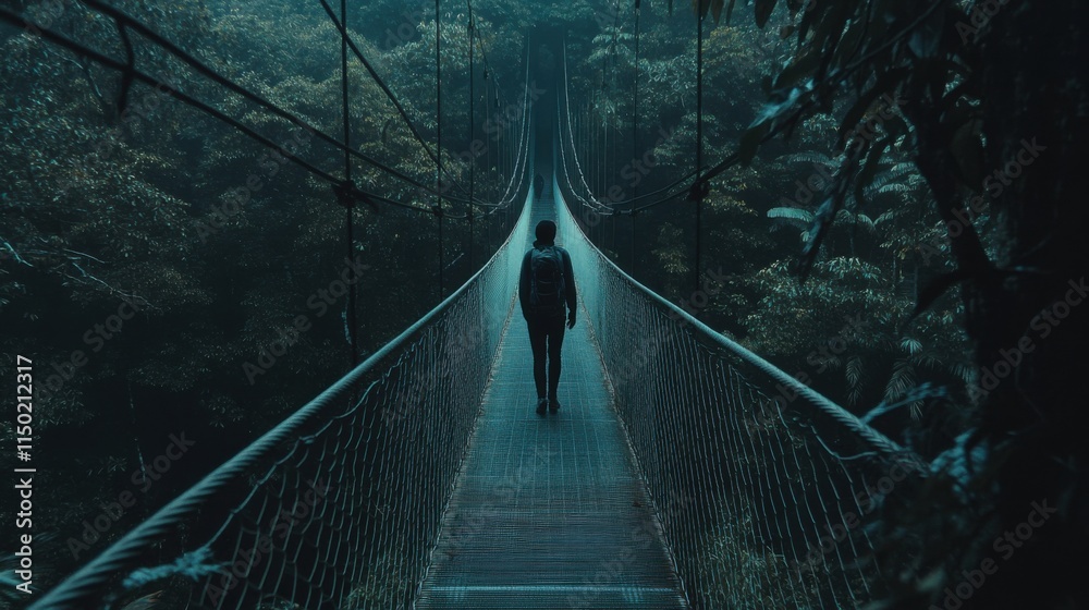 Obraz premium Serene Adventure on a Foggy Suspension Bridge in a Lush Rainforest Surrounded by Verdant Trees and Mysterious Atmosphere for Nature Enthusiasts and Travelers
