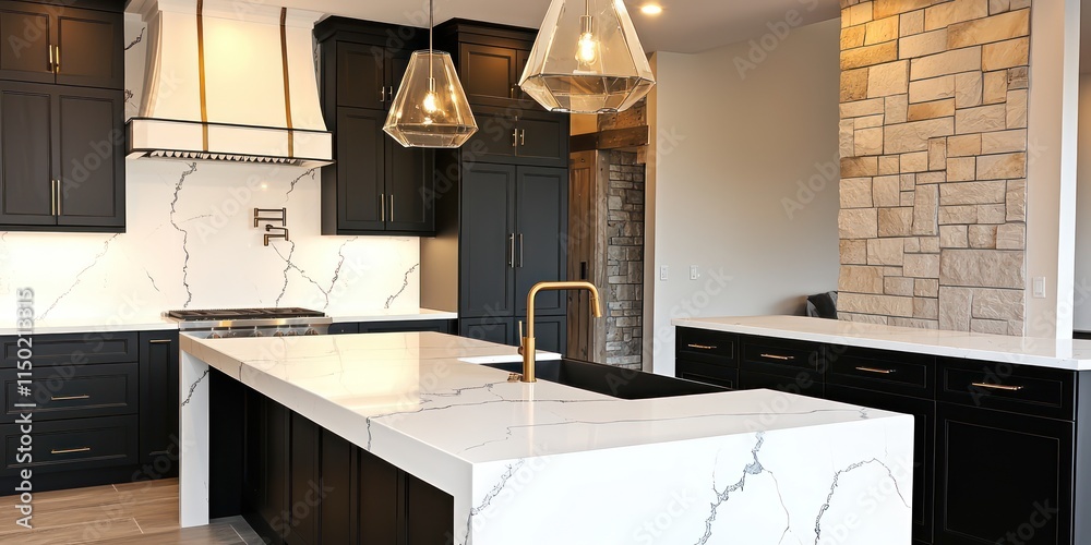 A stylish kitchen with white stone marble countertops and island, black matte cabinets, and warm