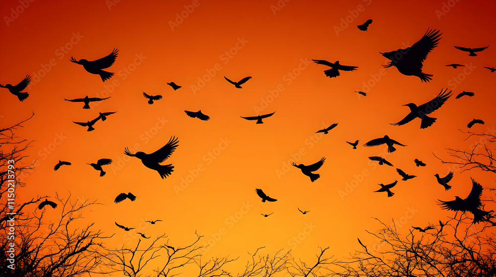 Plain orange background with silhouette of flying birds and copy space below. concept as Plain orange image featuring silhouettes of birds flying upwards symbolizing change progression of Makar Sankra Plain orange background with silhouette of flying birds and copy space below. concept as Plain orange image featuring silhouettes of birds flying upwards symbolizing change progression of Makar Sankra