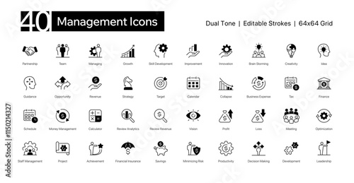 Business Management Duotone, dual tone, glyphs, line, outline, fill, notion, Icons, Editable Strokes, 64x64 grid, 1.5pt stroke