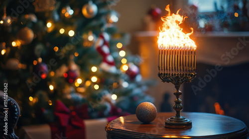 Jewish holiday Chanukah Hanukkah celebration. Burning menorah standing on table with christmas tree interior background, copy space photo