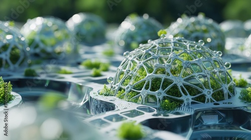 Close-up of biomimetic systems integrated with nanotechnology, symbolizing green innovation and energy efficiency.