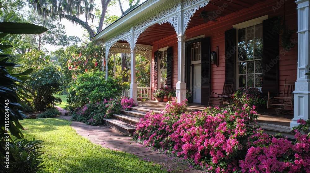 Obraz premium Charming Southern House with Blooming Azaleas
