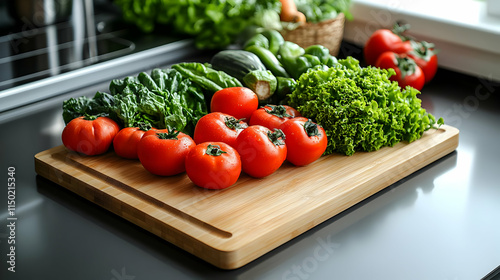 Wooden Cutting Board with Fresh Vegetables on Plain Background in Clean Kitchen for Healthy Meal Prep