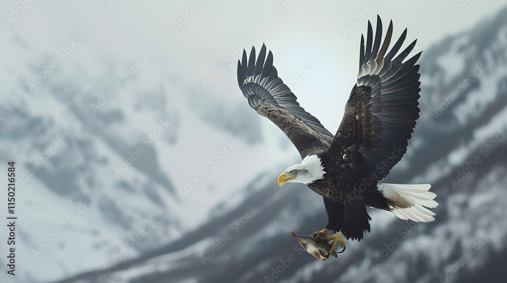 Obraz premium A bald eagle with a grey head and yellow feet soaring through the sky, representing strength, elegance, and the majesty of nature in fligh