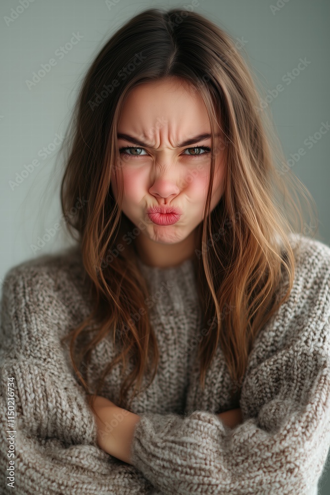 Fototapeta premium A young woman with long, wavy hair making a funny, exaggerated facial expression. She is wearing a cozy, oversized sweater and has her arms crossed, conveying a playful mood.