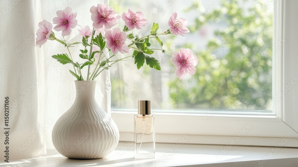 white bottle of perfume and vase with pink flowers on table next to window at home. Elegant luxury fragrance presentation with daylight white bottle of perfume and vase with pink flowers on table next to window at home. Elegant luxury fragrance presentation with daylight