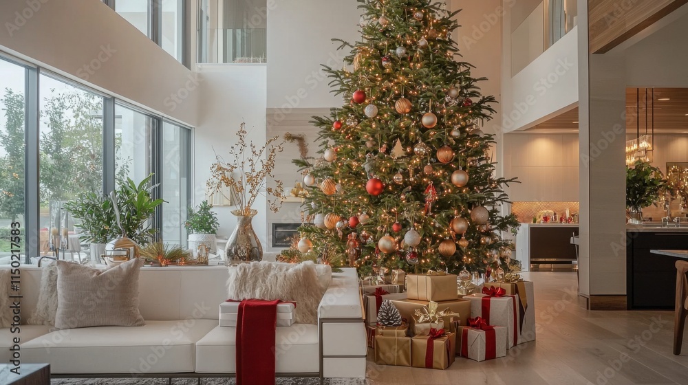 Obraz premium Gift boxes under a contemporary Christmas tree in a home, adorned with holiday Xmas ornaments, create a festive atmosphere for New Year decor.