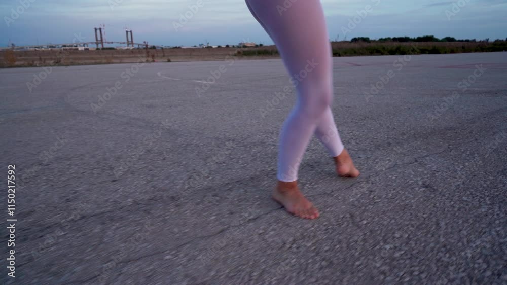 Piernas de una bailarina de danza clásica bailando en una pista de aterrizaje como conceptos de perfección y elegancia entre otros.