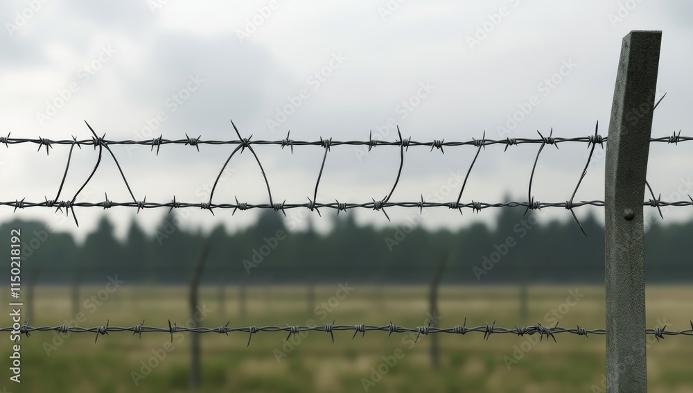 Barbed wire fence lines a vast open field under cloudy skies Barbed wire fence lines a vast open field under cloudy skies