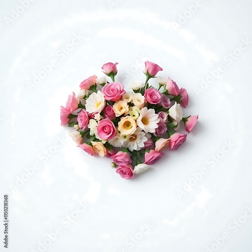 Heart Shaped Bouquet of Delicate Pink and Peach Roses and Daisies on White Background Romantic Floral Arrangement