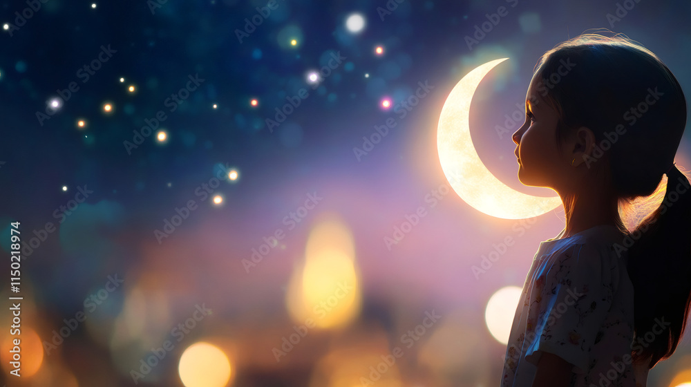 Fototapeta premium Child gazing at a radiant crescent moon in the starry night sky, capturing the essence of ramadan