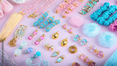 Kids jewelry making kit. A skein of string, different beads, pendants and charms. Creative hobby gift for a girl