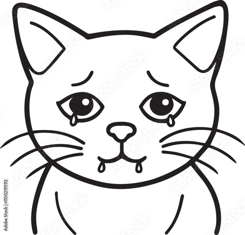 Sad Cat with Tears and Drool - Coloring Page Illustration