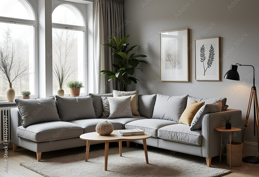 Fototapeta premium Grey corner sofa in scandinavian home interior design of modern living room.