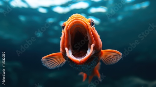 An orange fish is up close, heading towards the viewer with its mouth open against a cool blue aquatic background, embodying a sense of inquisitive exploration. photo