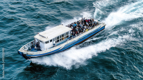 Migrants on the boat in the sea, forced displacement, rescue, refugees, evacuation by water transport photo