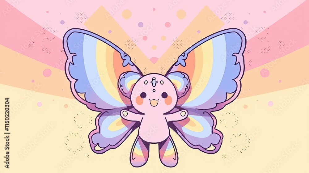 Adorable Pastel Butterfly Creature Illustration with Rainbow Wings on Abstract Background Adorable Pastel Butterfly Creature Illustration with Rainbow Wings on Abstract Background