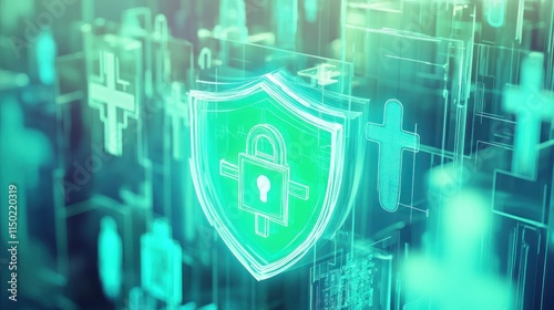 A blue-green gradient and digital patterns create a modern backdrop for medical cybersecurity.