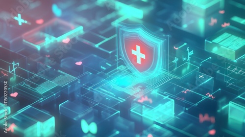 3D abstract medical data protection: translucent layers with faint medical symbols, glowing shield and lock, blue-green gradient, and digital patterns.
