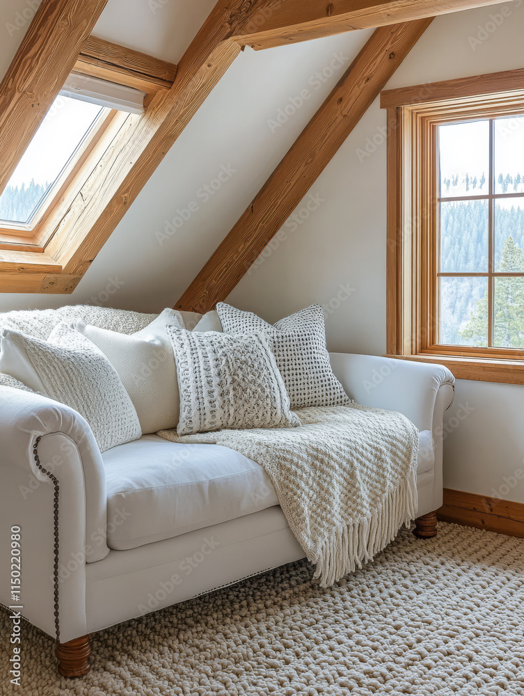Fototapeta premium Cozy living room with natural light and rustic decor in a mountain retreat