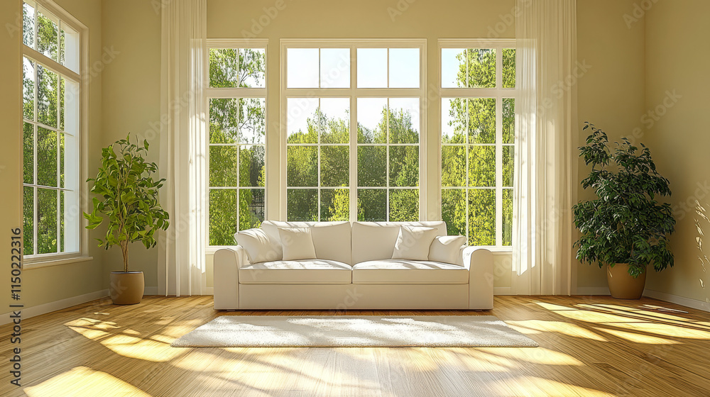 Fototapeta premium Bright and airy living room with large windows overlooking a lush green landscape