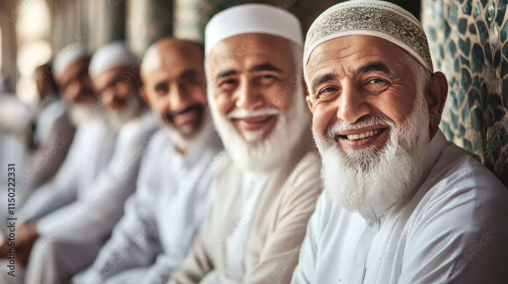 Elderly muslim men in traditional attire gather in a mosque to celebrate ramadan, sharing smiles and joy Elderly muslim men in traditional attire gather in a mosque to celebrate ramadan, sharing smiles and joy