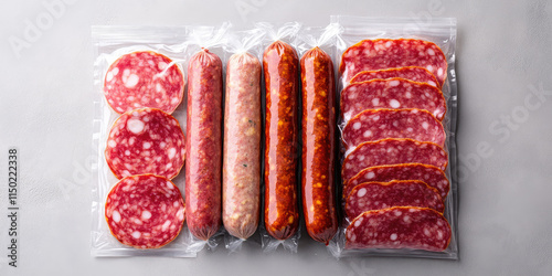 Range of assorted sausage salami slices in vacuum packed bags, meat products, variety