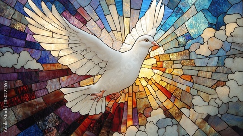 Stunning Stained Glass Art Featuring a Majestic White Dove with Radiant Sunlight and Vibrant Colors