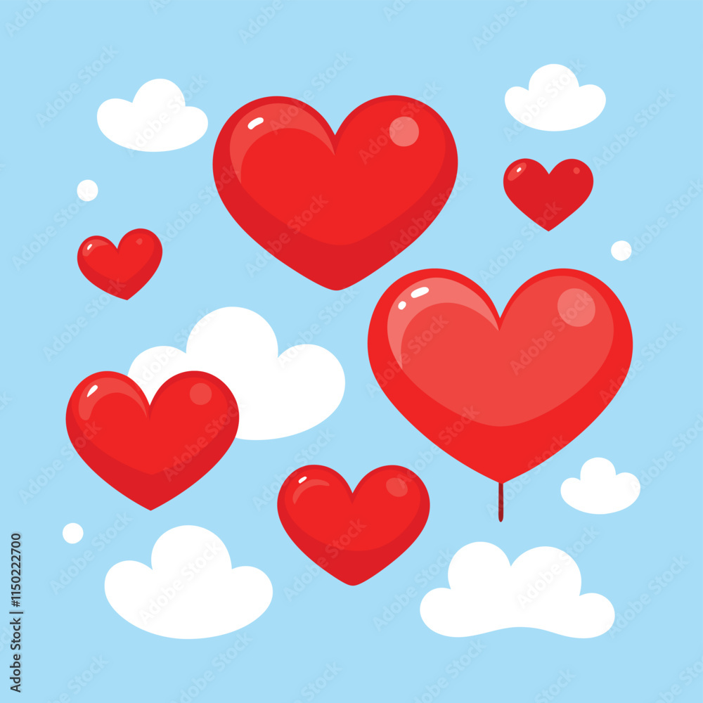 A vector illustration of a Floating Airborne Red Hearts Love Symbols in the Sky for Romantic Celebrations A vector illustration of a Floating Airborne Red Hearts Love Symbols in the Sky for Romantic Celebrations