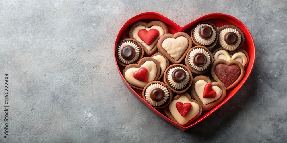 A delightful assortment of heart-shaped cookies and chocolates in a red heart-shaped box, perfect for a romantic occasion. A delightful assortment of heart-shaped cookies and chocolates in a red heart-shaped box, perfect for a romantic occasion.