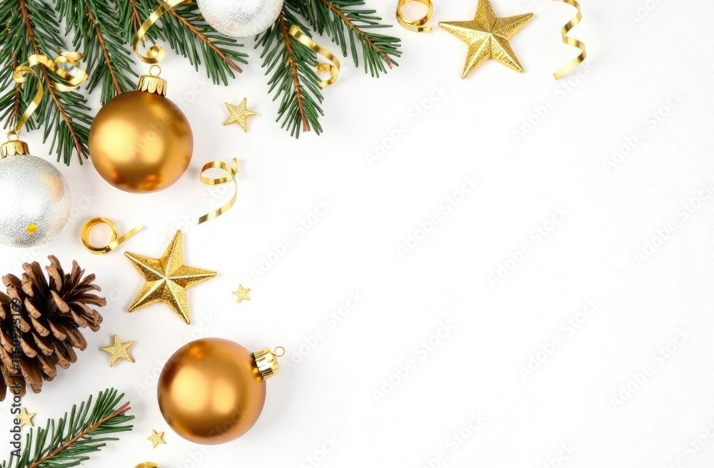 The New Year's background is decorated with fir branches, cones, Christmas balls, stars, free space for text The New Year's background is decorated with fir branches, cones, Christmas balls, stars, free space for text