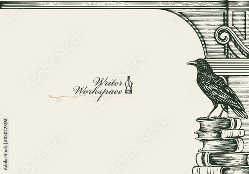 Vector banner on a writers theme with sketches and place for text. Writer workspace. Vintage illustration with hand-drawn books, vintage architecture and old crow