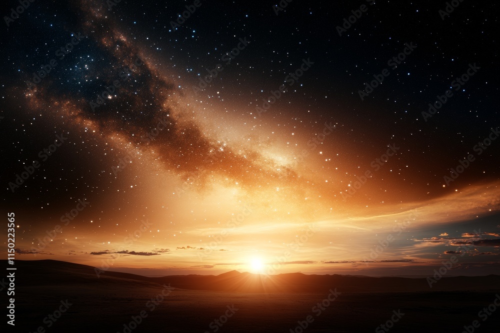 Naklejka premium Stunning sunrise illuminates the galaxy with vibrant colors over a serene landscape at dawn