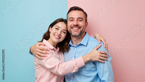 Happy couple embracing and smiling on colorful background