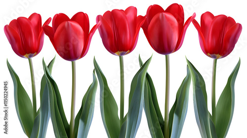 Five bright red tulips isolated on a white background, showcasing their elegance and simplicity, ideal for floral designs, decor, and minimalist art projects